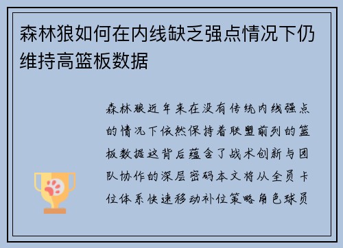 森林狼如何在内线缺乏强点情况下仍维持高篮板数据