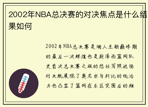 2002年NBA总决赛的对决焦点是什么结果如何